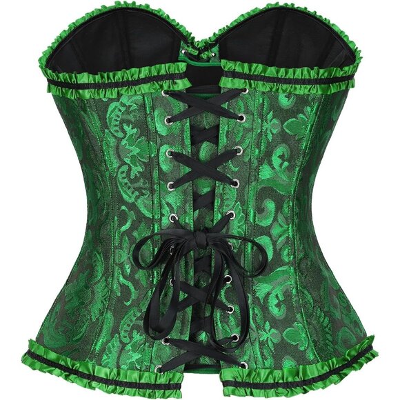 Women's Green/Black Lace up Boned Bustier Floral Overbust Corset for Halloween - Picture 2 of 5